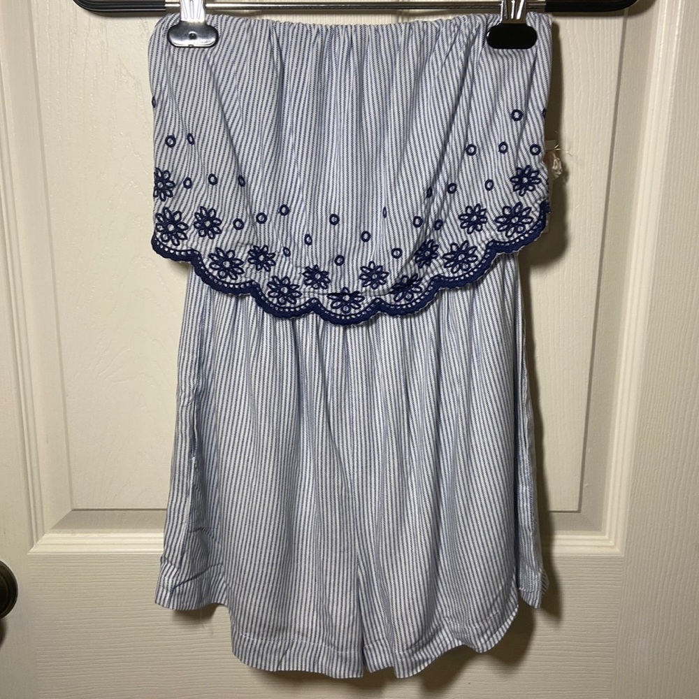 Striped Blue and White Romper w/ Embroidered Flowers (NWT)
